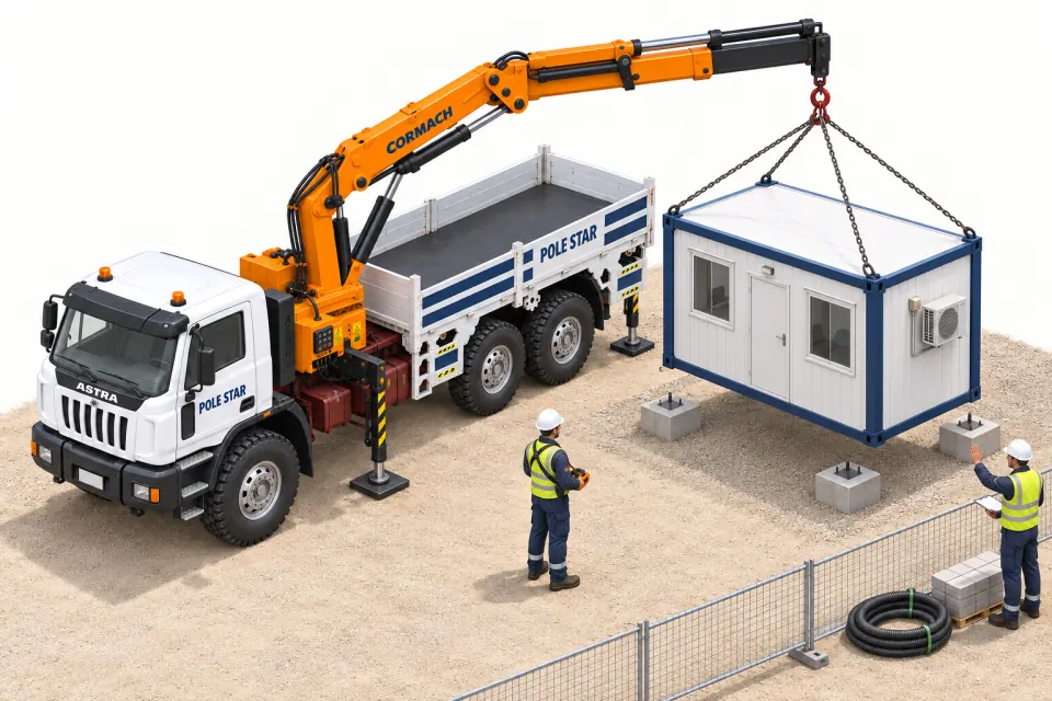 Astra crane truck placing a portable site cabin on prepared supports.