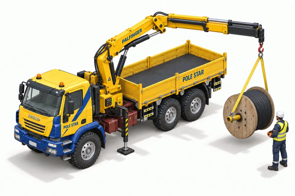 Yellow Iveco with a Palfinger crane lifting a cable drum while its driver operator controls the load.