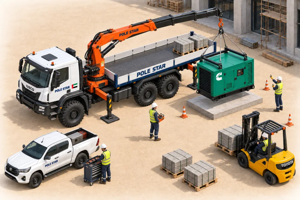 Crane truck placing a generator on its foundation, supported by a driver operator, signaler, forklift and maintenance pickup.