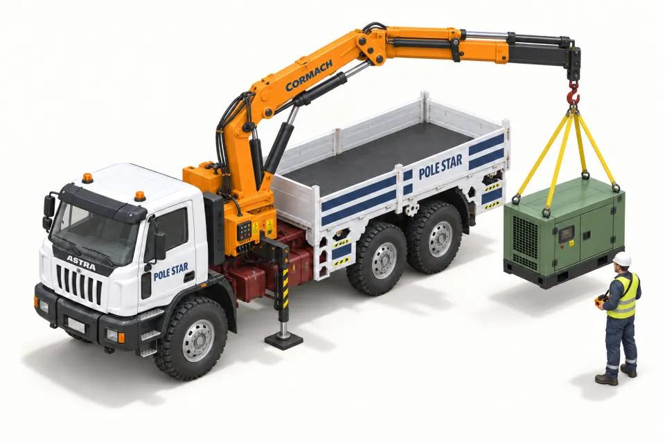 Crane truck lifting a generator with its driver operator in view of the load.