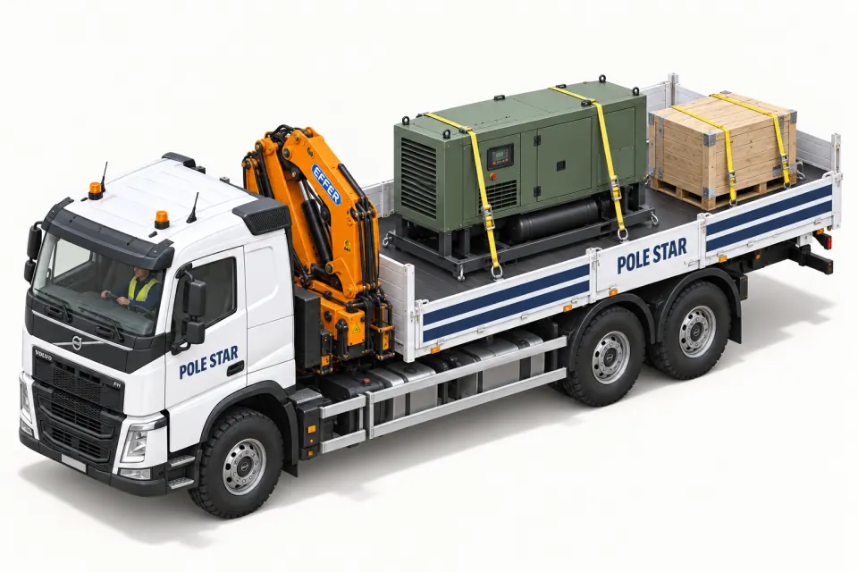 Volvo truck carrying secured equipment and a generator.