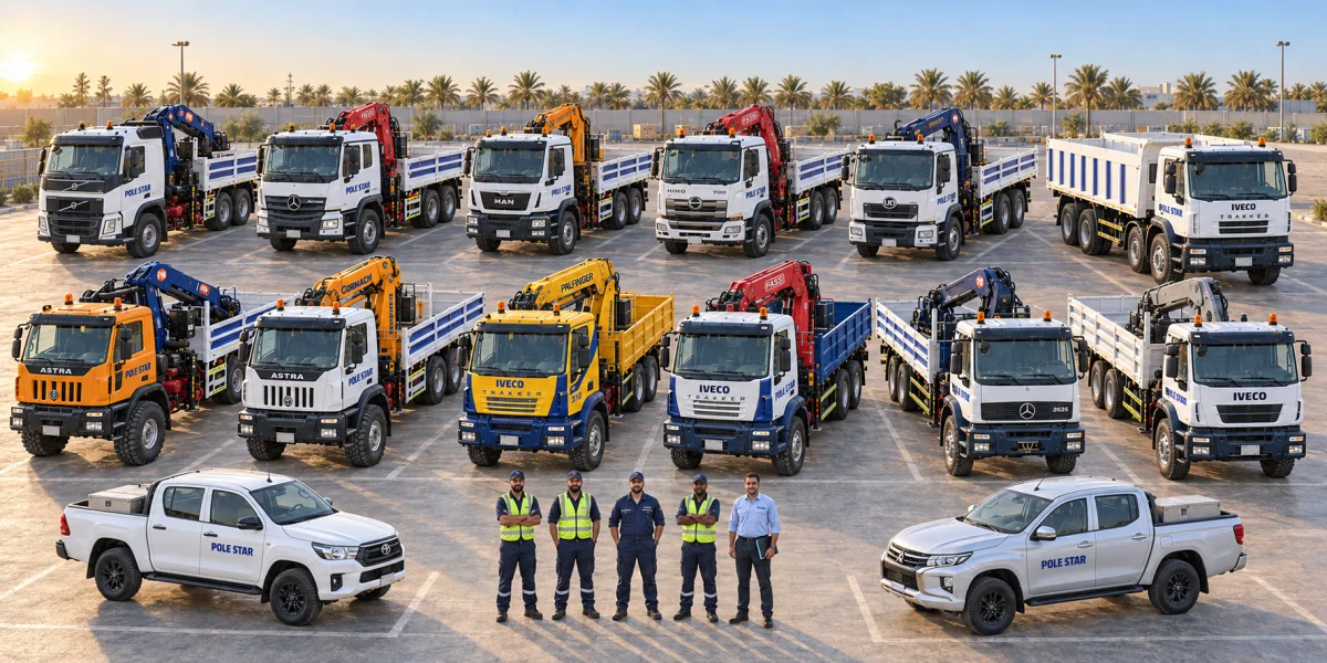 Fleet portrait with Astra, Iveco, Mercedes-Benz, Volvo, MAN, Hino and UD crane trucks, a tipper, Toyota Hilux and Mitsubishi support pickups, and a five-person team.