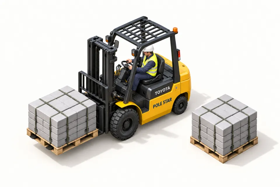 Toyota forklift carrying a secured pallet of concrete blocks, with a seated operator.