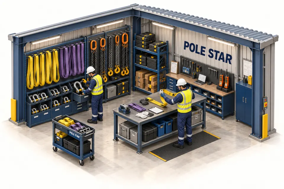 Pole Star lifting-gear store with belts, shackles, chains, tools and staff preparing equipment.