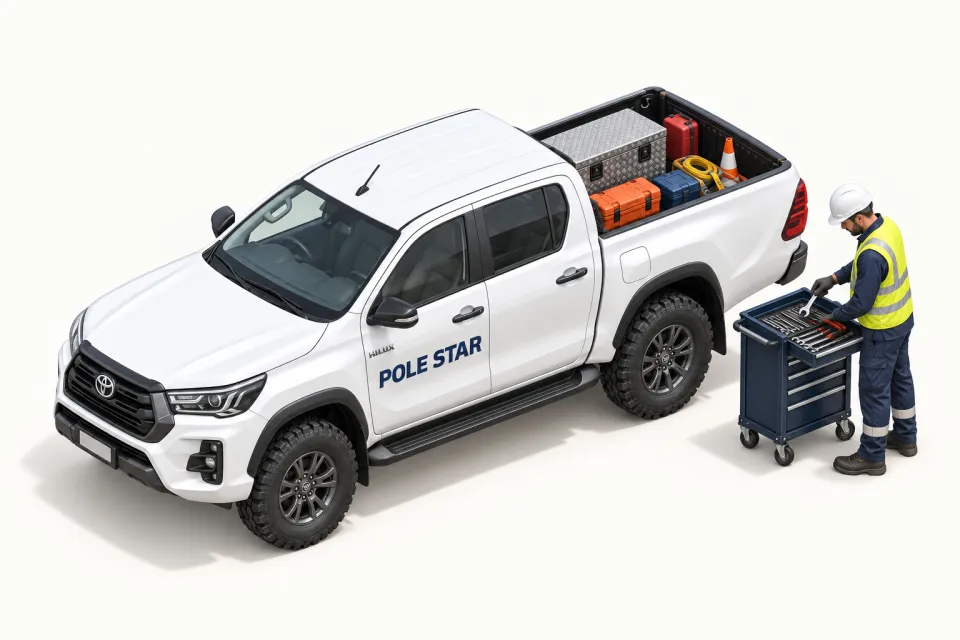 Pole Star's Toyota Hilux support pickup carrying tools, with a mechanic beside the tool trolley.