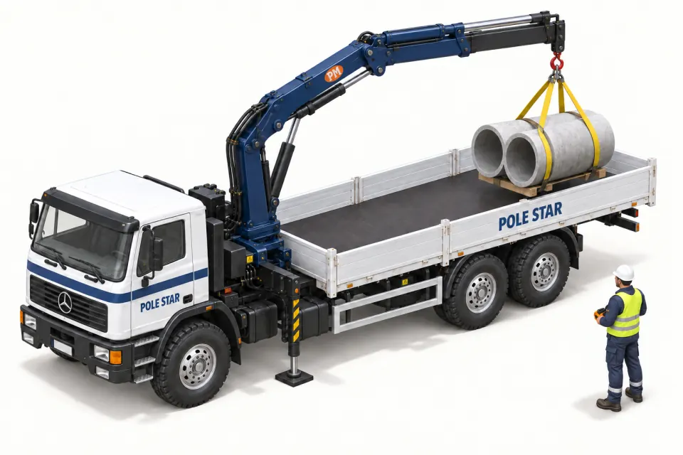 Mercedes crane truck handling precast concrete pipes.