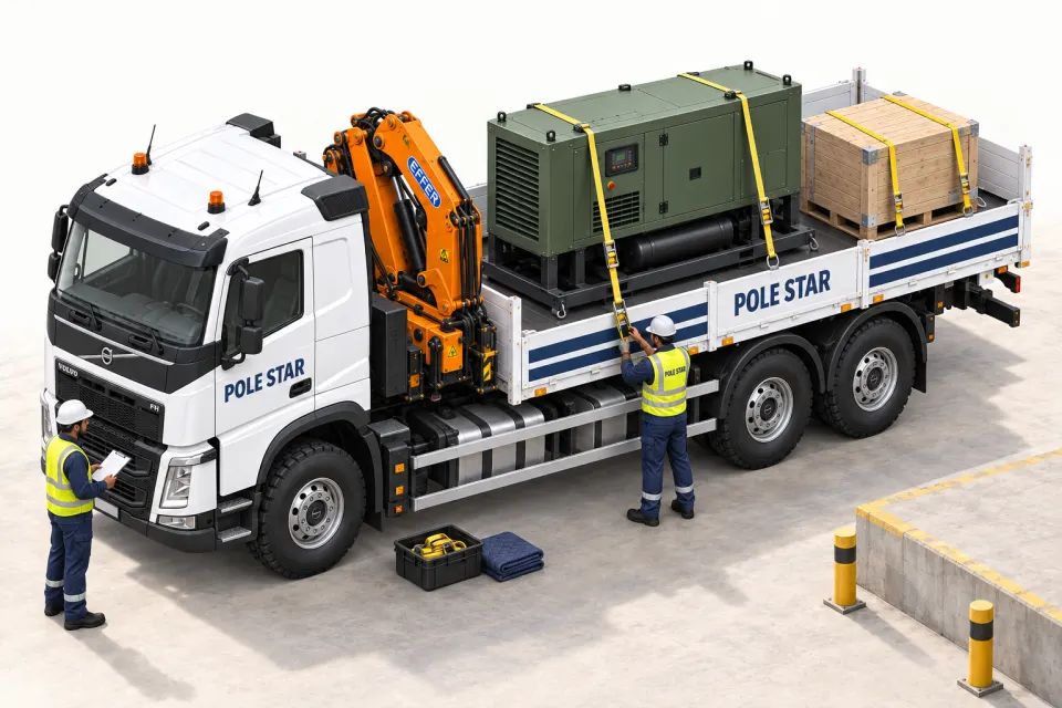 Pole Star team checking ratchet straps on a generator and crate secured to a Volvo truck.