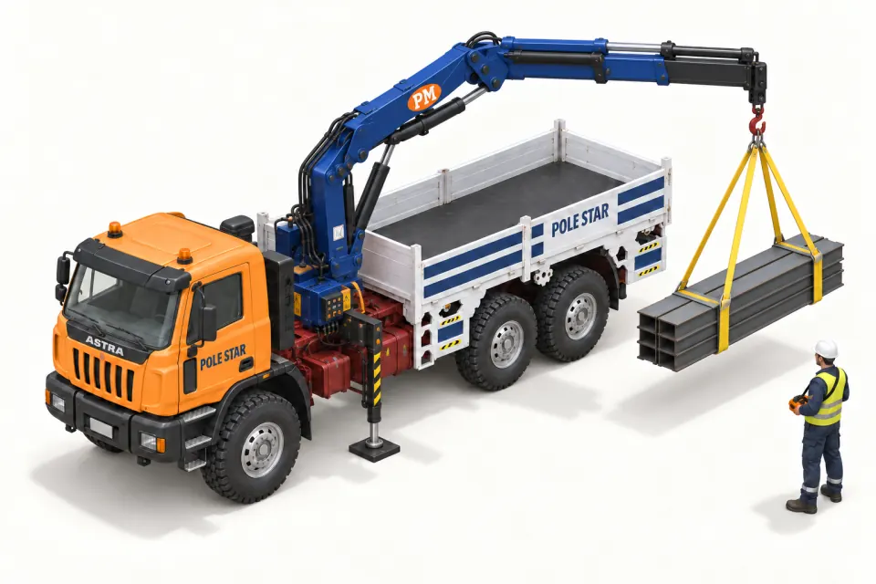 Orange Astra crane truck lifting a bundle of structural steel.