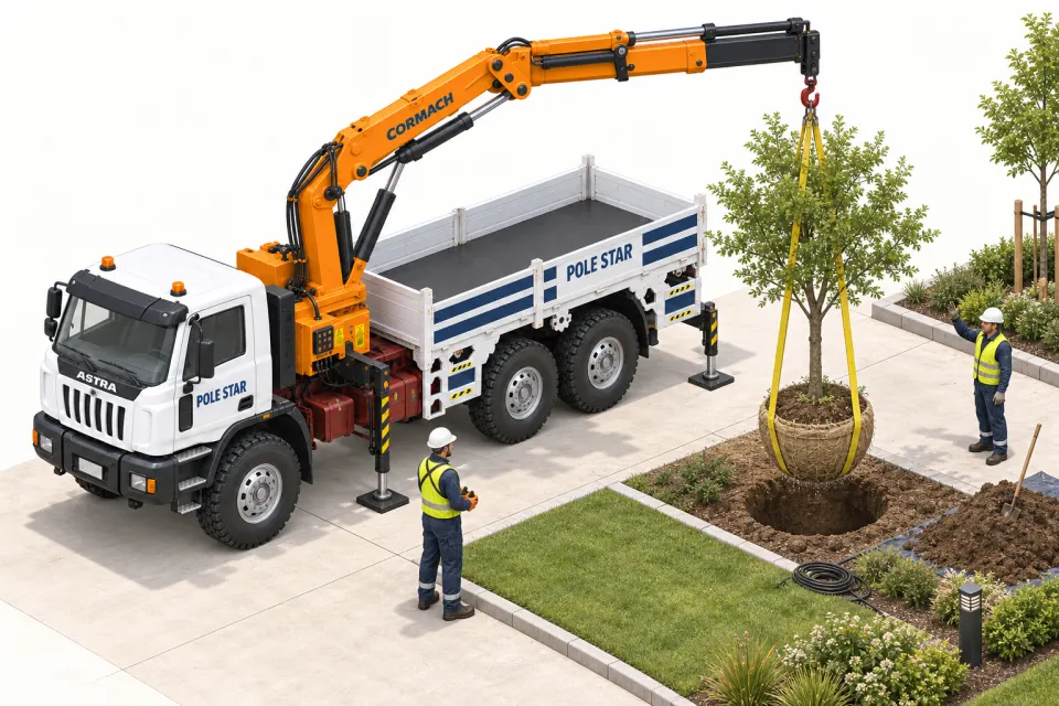 Astra crane truck lifting a tree and its wrapped root ball directly above its planting hole.