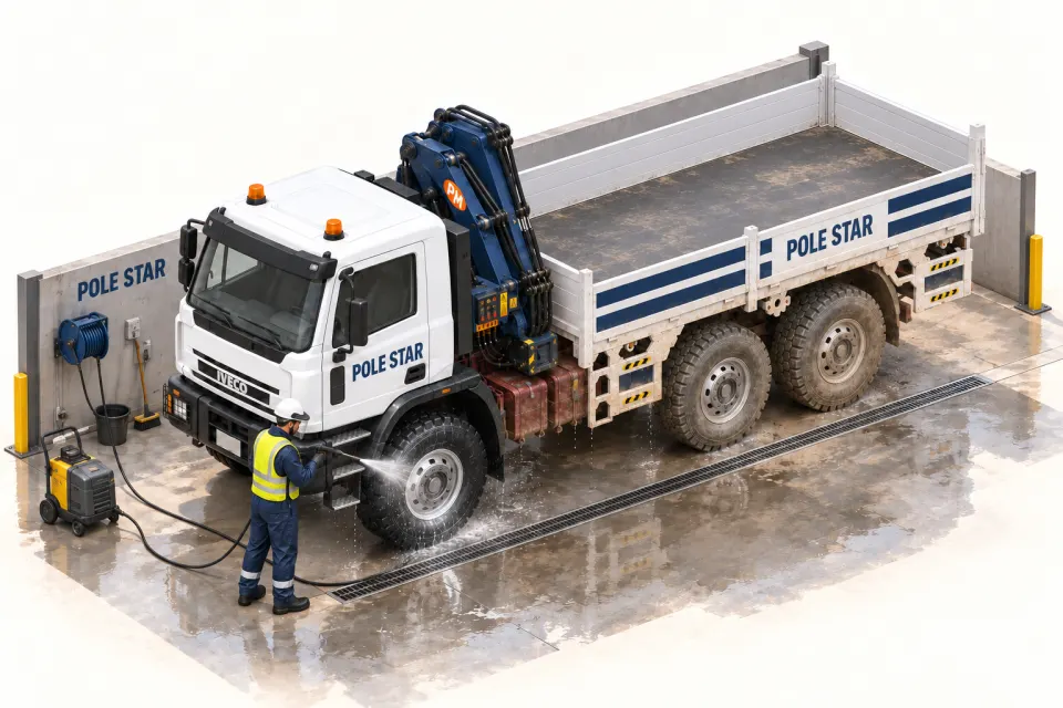 Pole Star crew member washing an Iveco crane truck in the fleet wash bay.