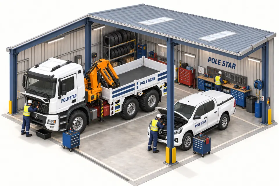 Pole Star's in-house workshop, with mechanics servicing its crane truck and support pickup.